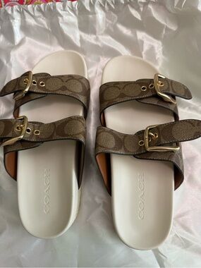 Coach Brown Signature Double-Buckle Slide Sandals with White Footbed